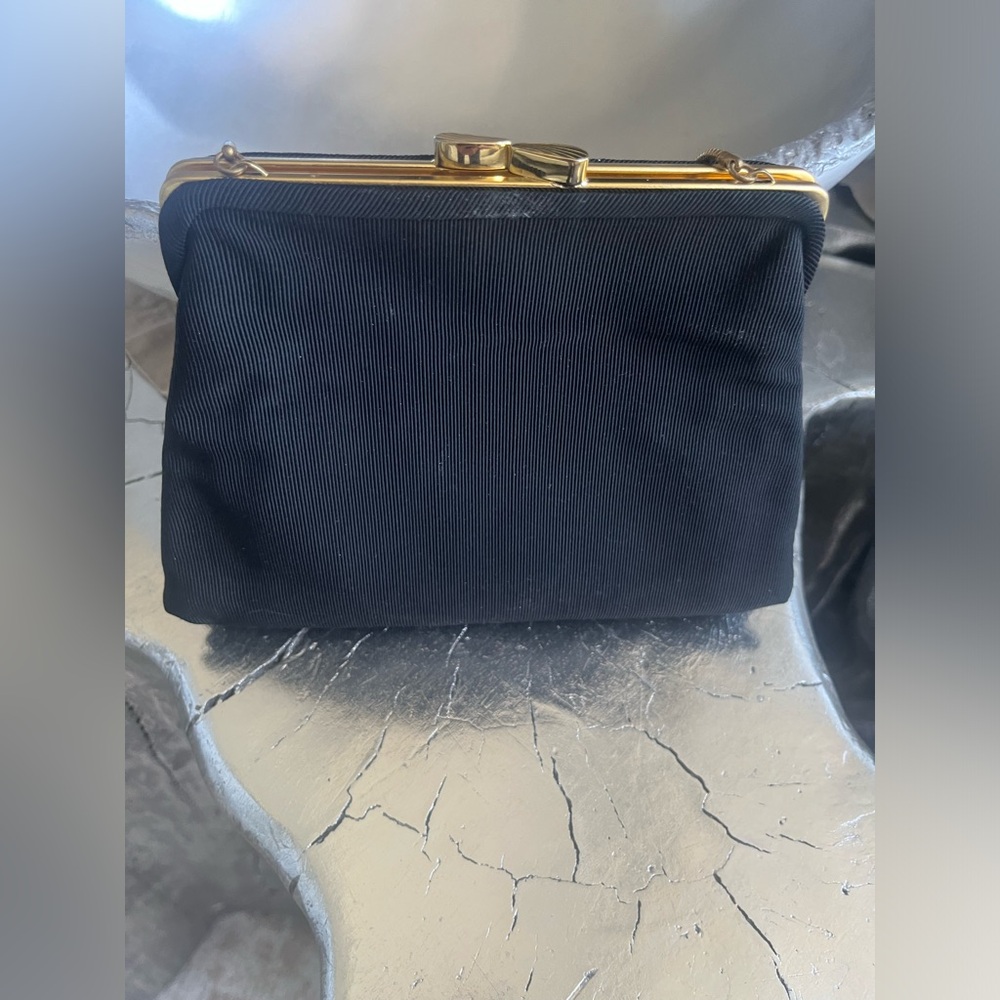 Vintage made in west Germany black fabric with gold trim, and handle evening bag